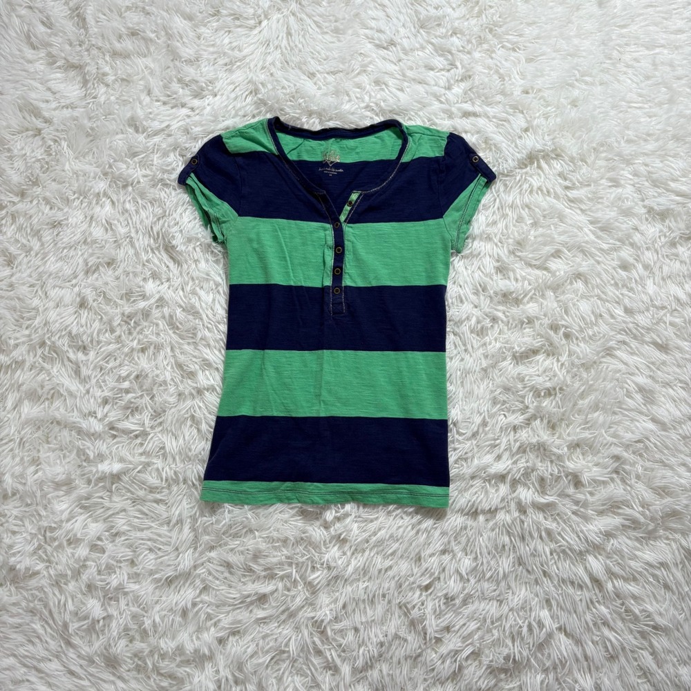 y2k green & navy blue striped button up henley top small
